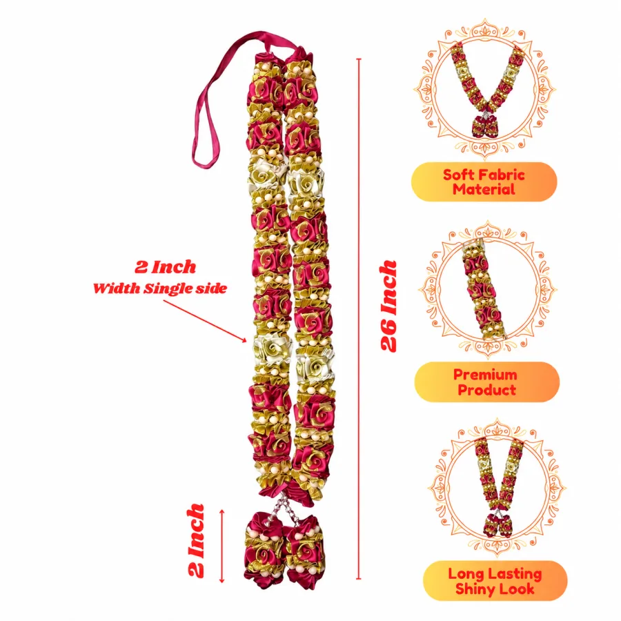 Rani Pink Gold Satin Ribbon Mala 26 Inch Handmade Rose Garland with Pearl Beads for Pooja Mandir Photo Frame Decoration