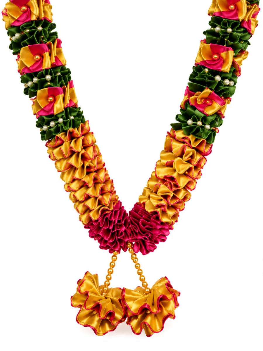 Rani Pink Gold Green Satin Ribbon Mala 26 Inch Handmade Garland for Pooja Mandir Photo Frame Decoration