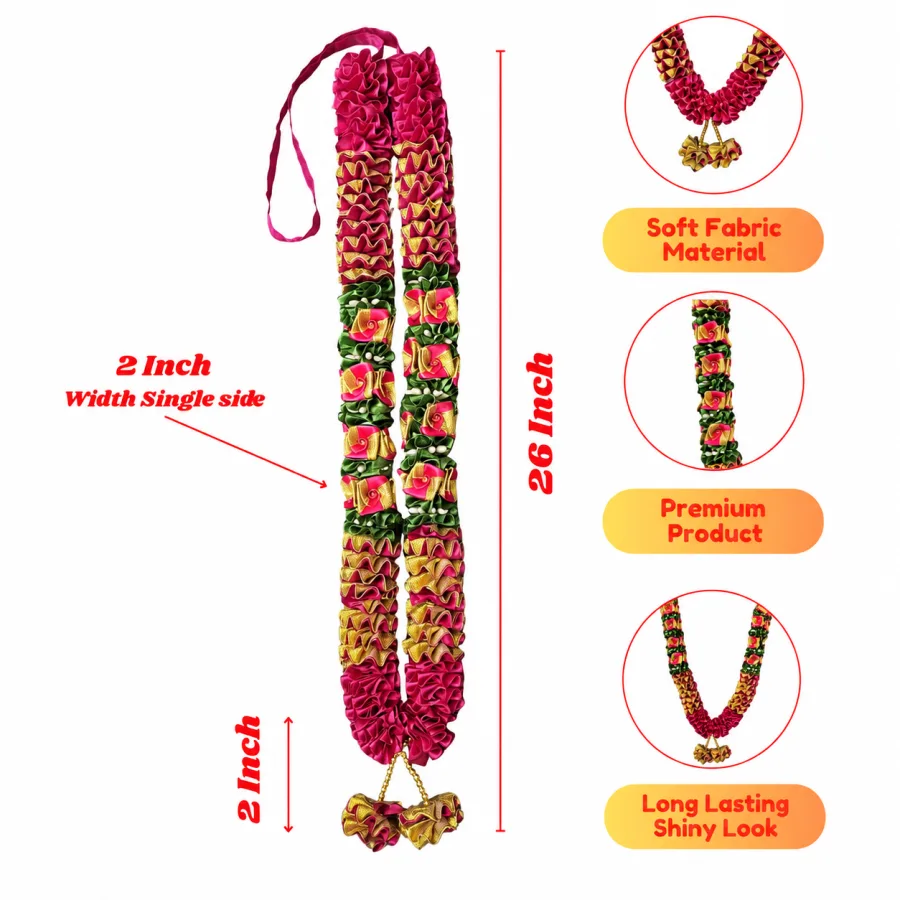 Rani Pink Gold Green Satin Ribbon Mala 26 Inch Handmade Garland for Pooja Mandir Photo Frame Decoration