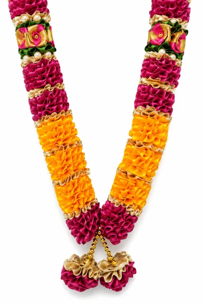 Rani Pink Orange Satin Ribbon Mala 26 Inch Handmade Garland for Pooja Mandir Photo Frame Decoration