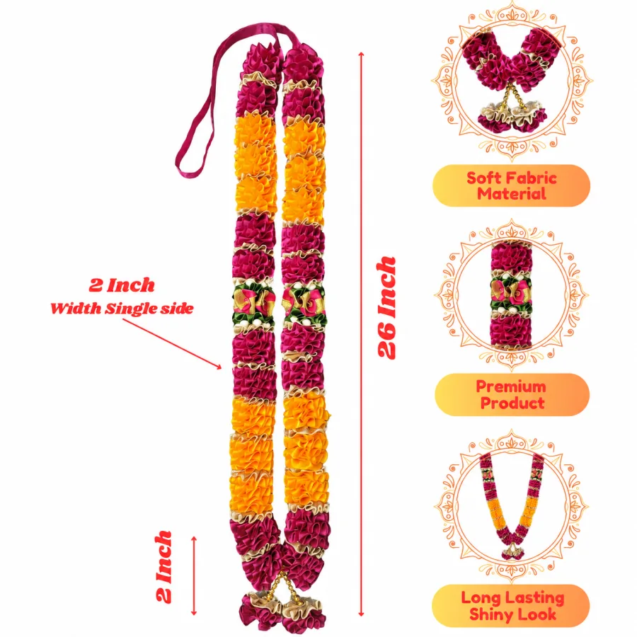 Rani Pink Orange Satin Ribbon Mala 26 Inch Handmade Garland for Pooja Mandir Photo Frame Decoration