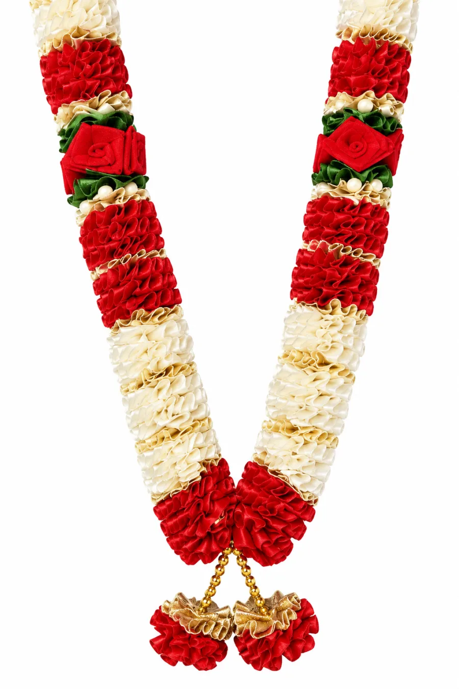 Red Cream Satin Ribbon Mala 26 Inch Handmade Garland for Pooja Mandir Photo Frame Decoration