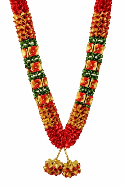 Red Gold Green Satin Ribbon Mala 26 Inch Handmade Garland for Pooja Mandir Photo Frame Decoration