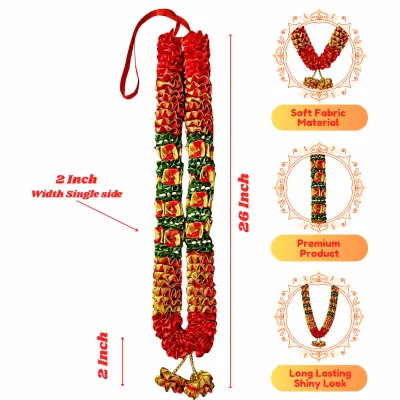 Red Gold Green Satin Ribbon Mala 26 Inch Handmade Garland for Pooja Mandir Photo Frame Decoration