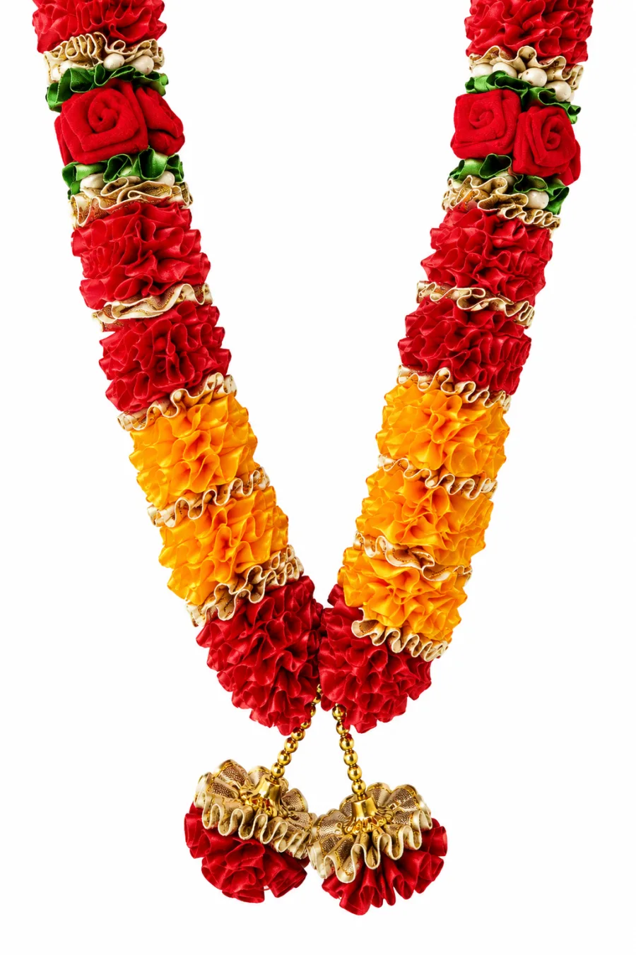 Red Orange Satin Ribbon Mala 26 Inch Handmade Garland for Pooja Mandir Photo Frame Decoration