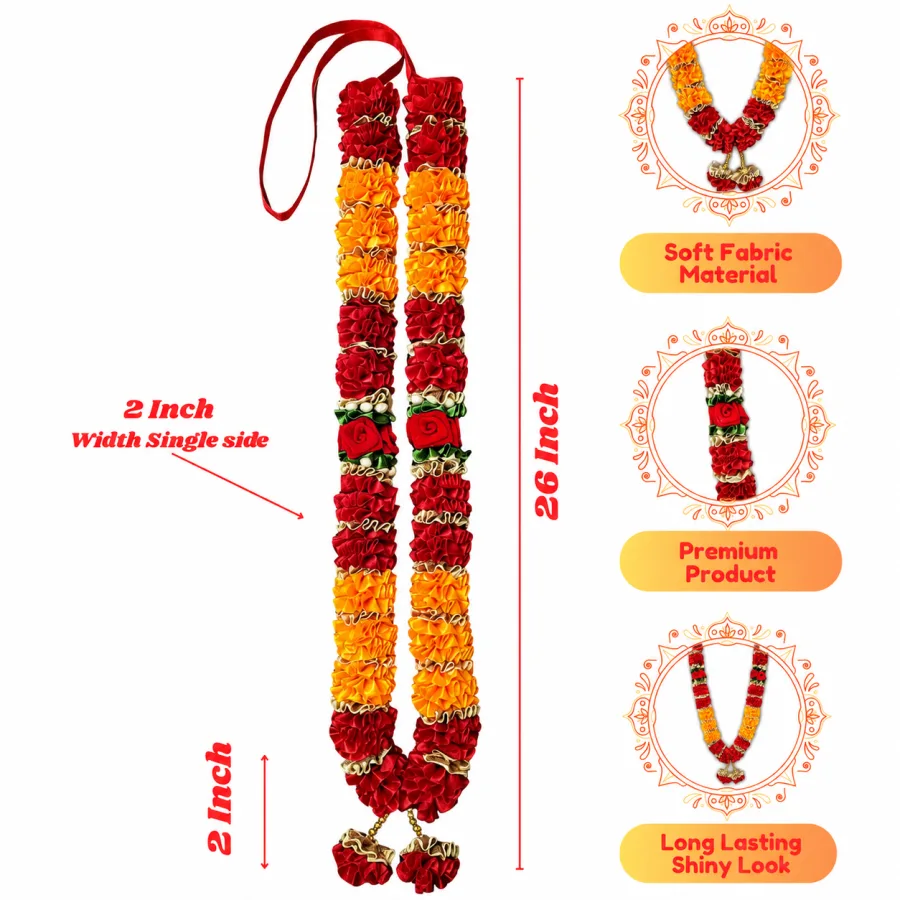 Red Orange Satin Ribbon Mala 26 Inch Handmade Garland for Pooja Mandir Photo Frame Decoration