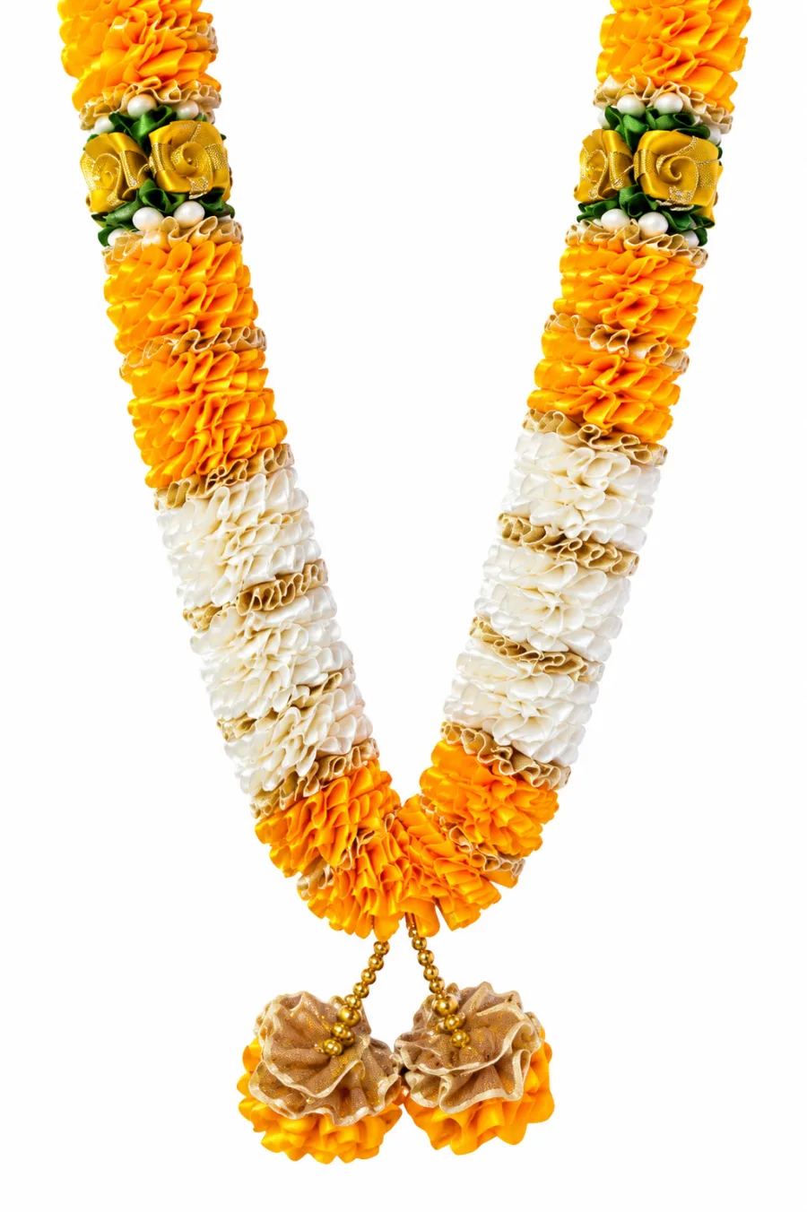 Yellow Cream Satin Ribbon Mala 26 Inch Handmade Garland for Pooja Mandir Photo Frame Decoration