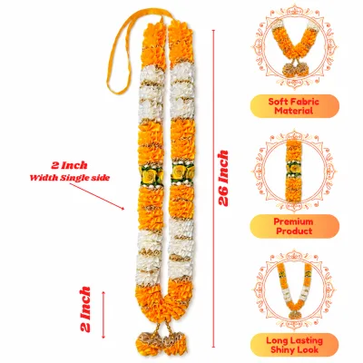 Yellow Cream Satin Ribbon Mala 26 Inch Handmade Garland for Pooja Mandir Photo Frame Decoration