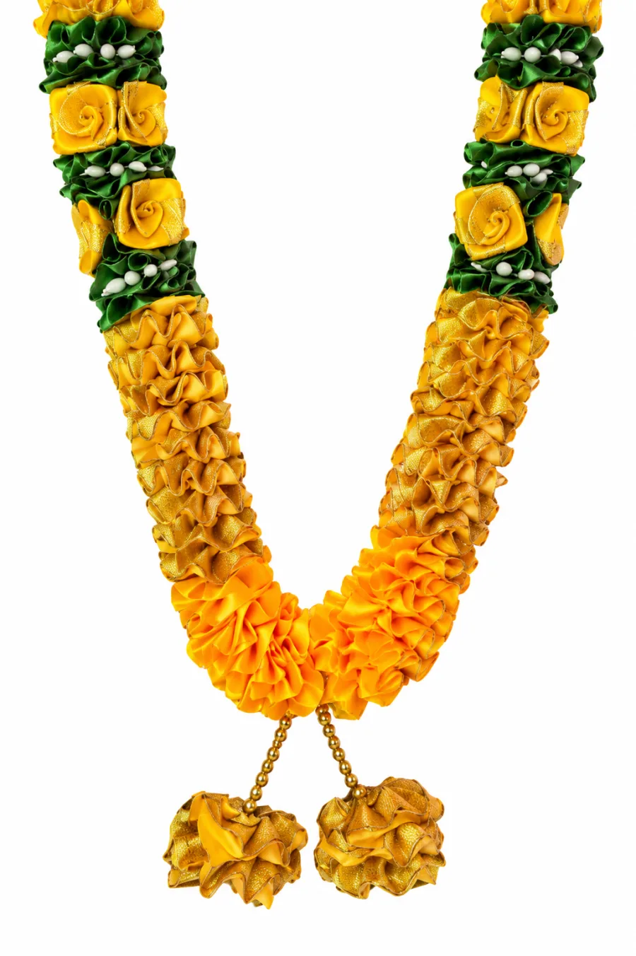 Yellow Gold Green Satin Ribbon Mala 26 Inch Handmade Rose Garland for Pooja Mandir Photo Frame Decoration